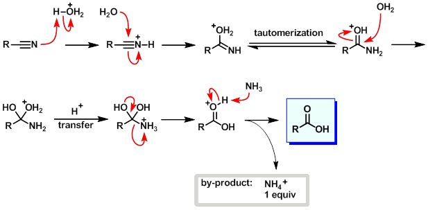 Nitrile hydrolysis mechanism under acidic conditions